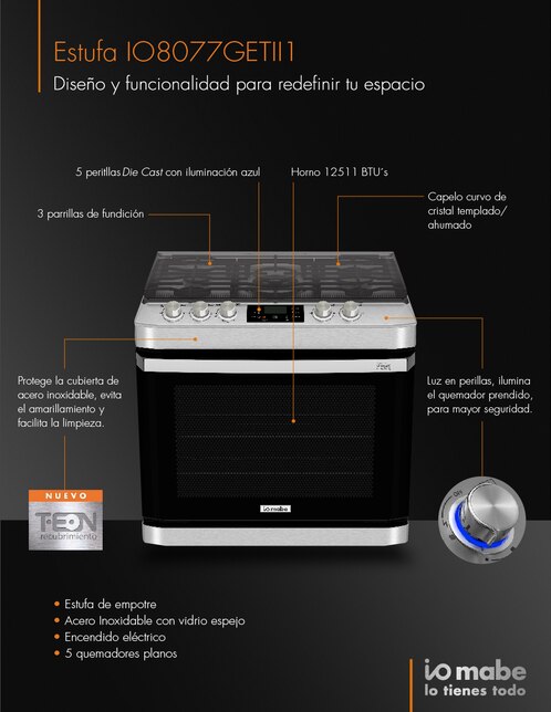 Estufa de Empotre 80 cm Acero Inoxidable Vidrio Gris Vulcano Io Mabe -  IO8060GETII0 | Estufas | Cocción | Tienda Mabe Empleados e Institucionales