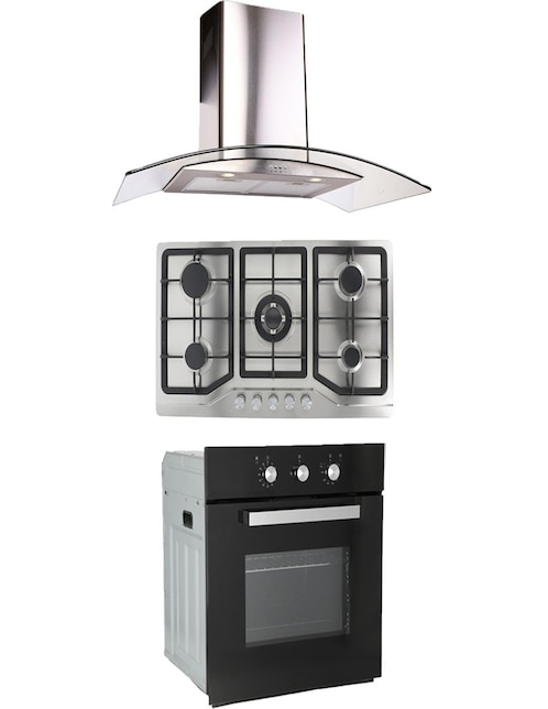 Combo Odipo parrilla 86 cm acero inox 5 Q y campana 90 cm cristal curvo tipo pared + horno gas 60 cm
