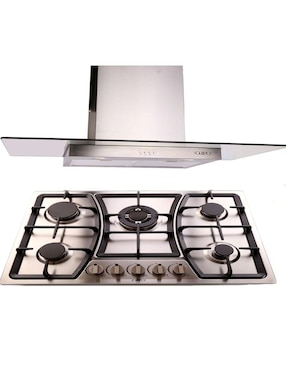 Combo Parrilla 76 Cm Acero Inox 5 Quemadores + Campana 90 Cm Cristal Recto Tipo Pared Contr Elec