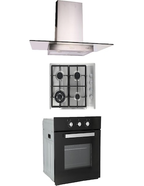 Combo Odipo Parrilla Acero Inox 60 Cm 4 Q Y Campana 90 Cm Cristal Recto Tipo Pared Contr Elec + Horno Gas 60 Cm