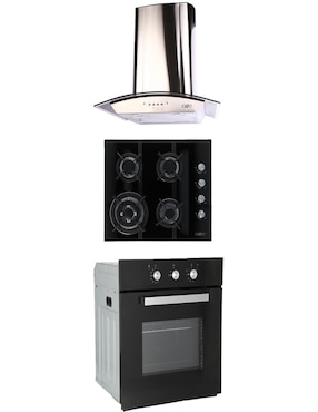 Combo Odipo Campana 60 Cm Cristal Curvo Tipo Pared Cont Elec Y Parrilla Cristal Temp Negro 60 Cm 4 Q + Horno Gas 60 Cm