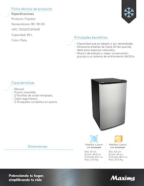 Frigobar Maxims Frigo 90L 3.2 pies cúbicos