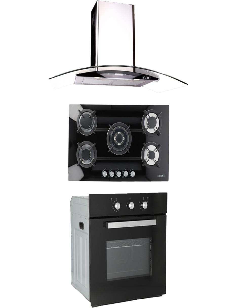 Combo Odipo campana 90 cm cristal curvo tipo pared control digit y parrilla  cristal templ negro 87 cm 5 Q + horno gas 60 cm en Liverpool